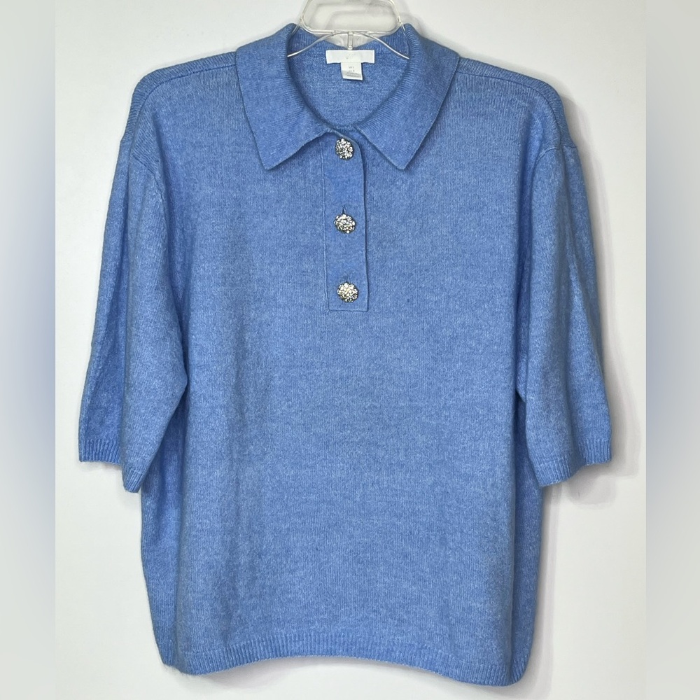H&M Blue Knit Short Sleeve Oversize Collared Sweater Rhinestone Buttons READ